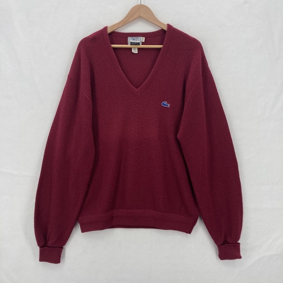 Vintage IZOD Lacoste Sweater Mens Large Burgundy V Neck Orlon Acrylic Knit 80s - Picture 1 of 11